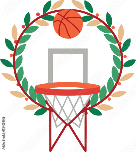 Vector illustration of a basketball court featuring a ball and a laurel wreath, symbolizing victory and sportsmanship.