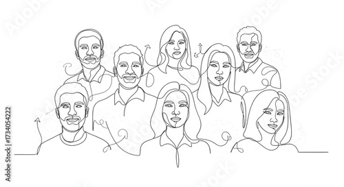 Continuous line drawing of a group of people, teamwork concept, minimal art, portrait, vector illustration