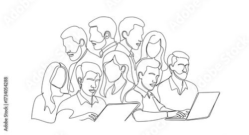 Continuous line drawing of a group of people, teamwork concept, minimal art, portrait, vector illustration
