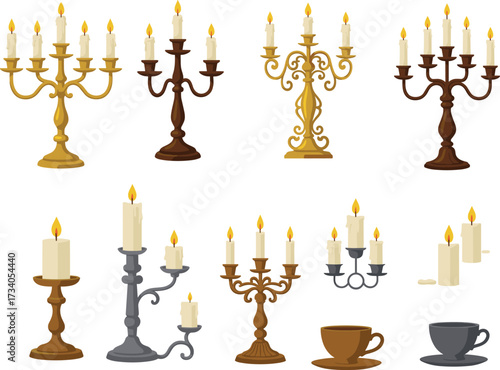 Candle Holder and Teacup Vector Set Featuring Lit Candles, Ornate Candelabras, Vintage Decor, and Cozy Elements for Interior Design Projects
