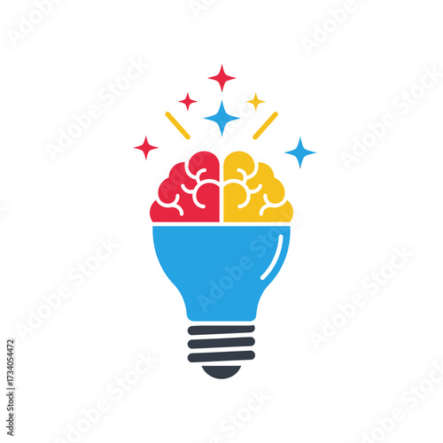 Brain bulb icon with red and yellow hemispheres.