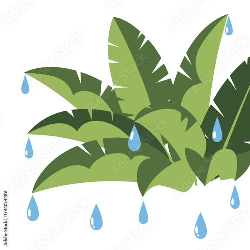 A vibrant illustration of a green leafy plant with blue raindrops falling from its leaves on a white background.