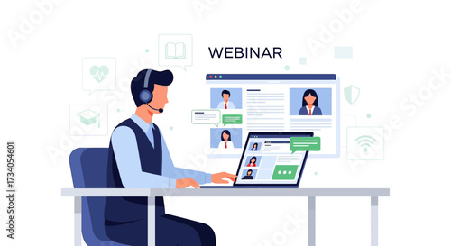 Professional man attending online webinar with multiple participants via computer screen
