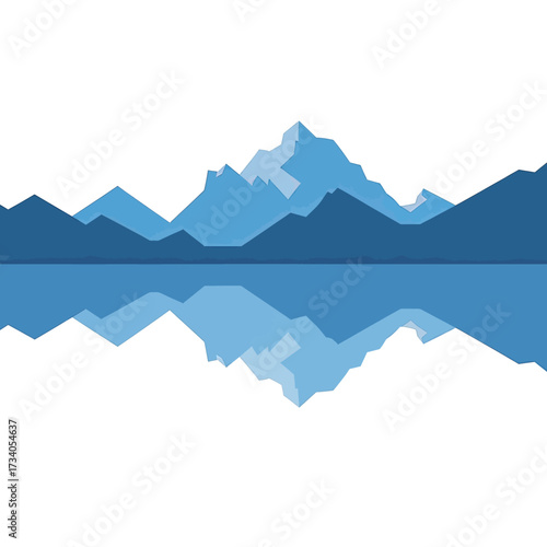 A minimalist blue mountain range with sharp peaks reflected in calm water against a white background.