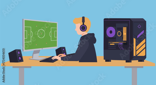 Gamer playing soccer game on desktop computer with headset in a blue room setup