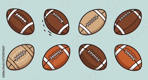 Collection of american footballs in various shades and orientations on light blue