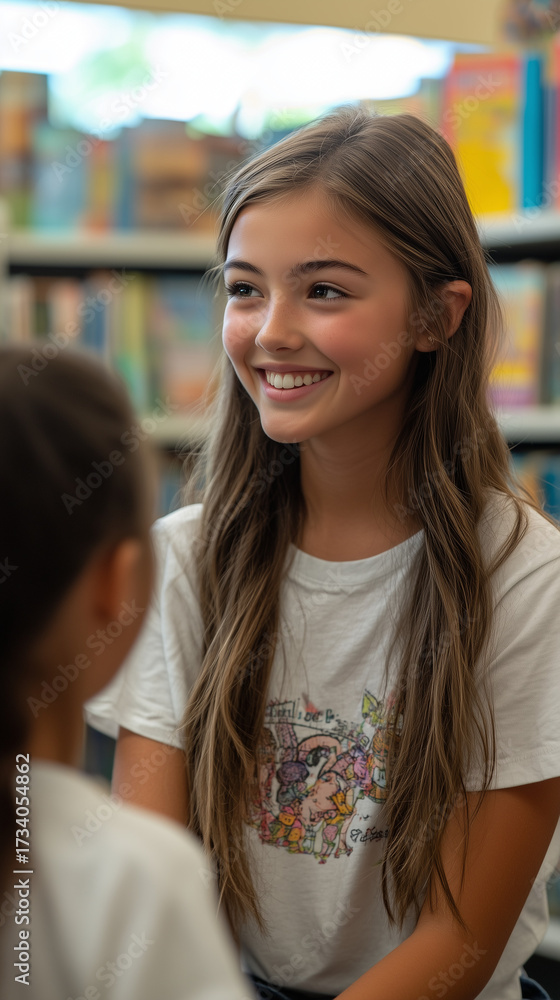 Fototapeta premium A happy young girl with long brown hair smiles while interacting with another student in a school library setting.