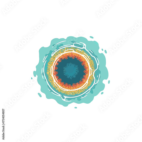 Stylized illustration of a colorful circular design with concentric rings and a teal outer layer.