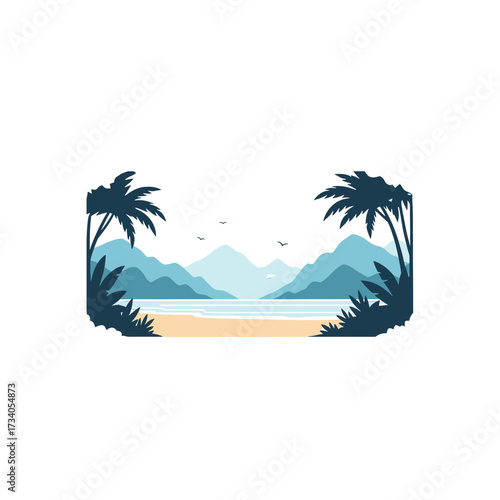 A serene beach scene with palm trees, mountains, and a tranquil ocean view.