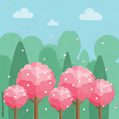 A vibrant illustration of a spring landscape featuring pink cherry blossom trees and a serene blue sky.
