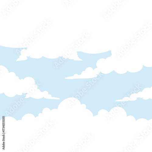 Cartoon illustration of a blue sky with fluffy white clouds.