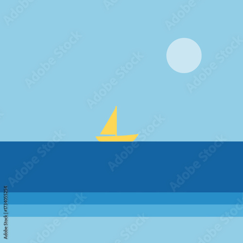 A simple, flat design illustration of a yellow sailboat on a calm blue ocean with a pale sun in the sky.