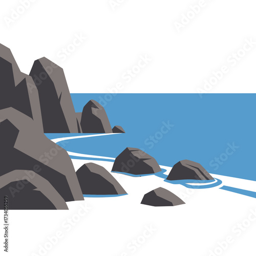 A minimalist illustration of a rocky coastline with the ocean meeting the shore.