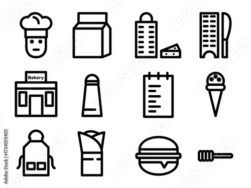 A set of twelve black and white line icons related to food and cooking, featuring a chef, restaurant, burger, and more.