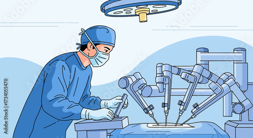 Robotic surgery illustration showcasing a surgeon using robotic arms in operating room for medical