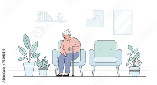 Sad elderly woman sitting alone in the living room depicting loneliness and isolation
