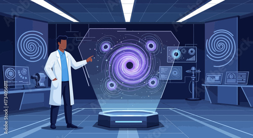 Scientist analyzing a cosmic spiral galaxy hologram in a futuristic laboratory setting