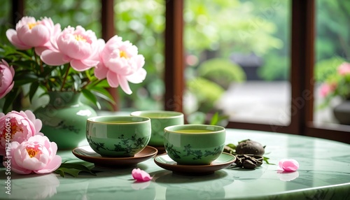 Fototapeta Naklejka Na Ścianę i Meble -  Pink peonies and teacups on a table