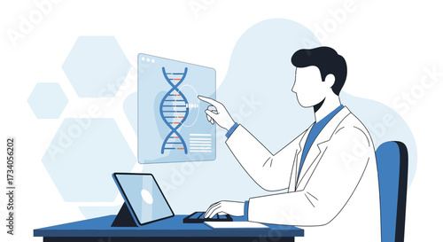 Scientist analyzing DNA structure on a screen with a tablet, researching for new therapies