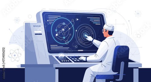 Scientist analyzing data on a computer screen in a laboratory environment representing innovation