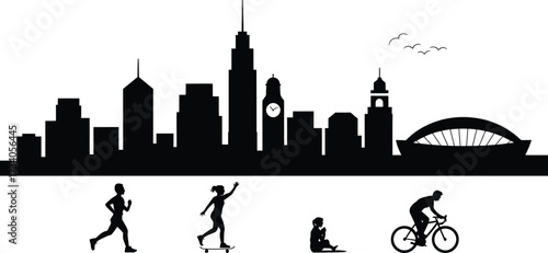 Cityscape Silhouette People Exercising Activities Urban Recreation