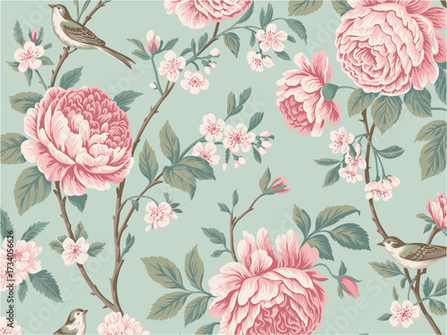 Vintage Floral Wallpaper with Peonies and Songbirds