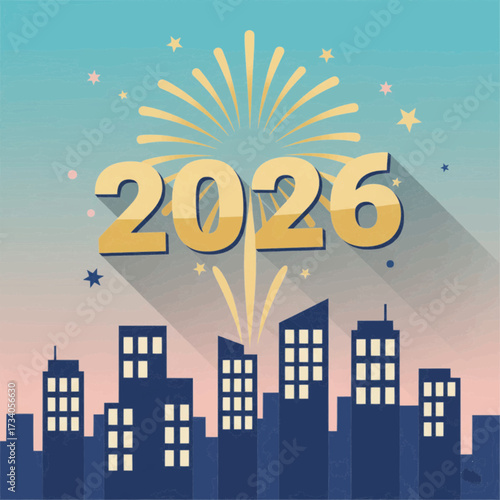 Flat pastel vector artwork of a giant stylized golden firework exploding above a minimalist cityscape