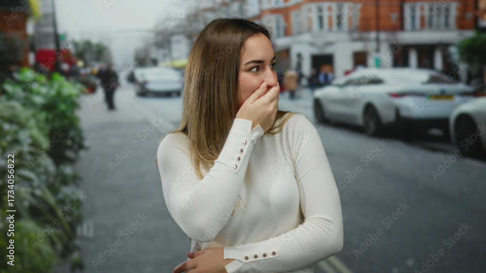 Fototapeta premium Woman gesturing and covering face while standing on busy street in outdoor urban setting against a backdrop of cars and buildings