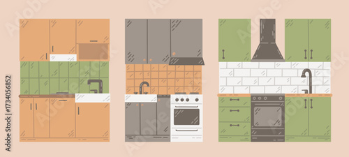 Cozy kitchen. Kitchen furniture set. Vector illustration in cartoon style. Home interior design. 