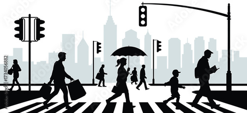Silhouette Cityscape Crowd Crossing Street Scene Umbrellas People on Crosswalk Transport