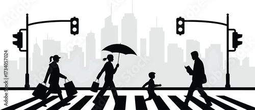 Silhouette People Crossing Street Zebra Stripes Umbrella Urban Scene Cityscape Vector