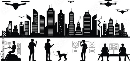 Futuristic Smart City People Silhouettes Drones Vector Design