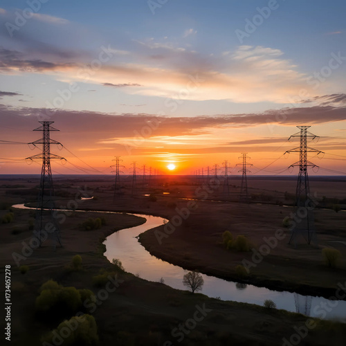 A winding river reflects the vibrant orange sunset, flowing through a vast, flat landscape dotted with power lines and numerous towering electricity pylons under a dramatic sky