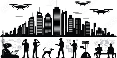 Futuristic Smart City People Silhouettes Drones Vector Design