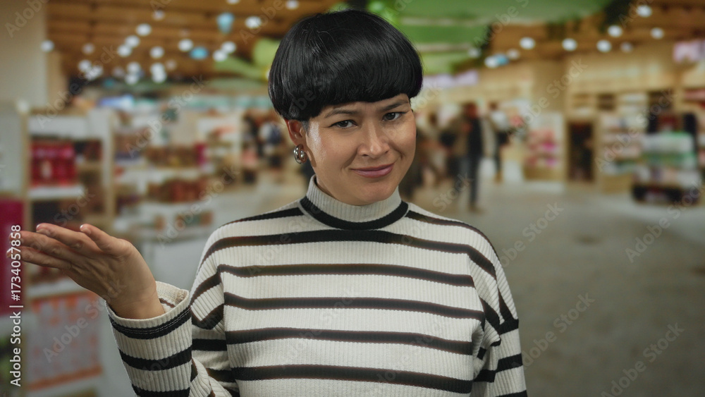 Obraz premium Woman gesturing with hand in busy airport indoor setting, young asian with short hair wearing striped shirt, emphasizing communication and travel ambiance.