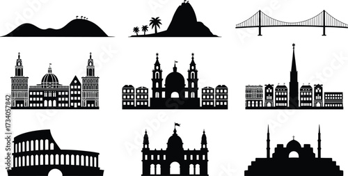 Landmarks Black Silhouettes Set Sugarloaf Mountain Bridge Colosseum Mosques European cities