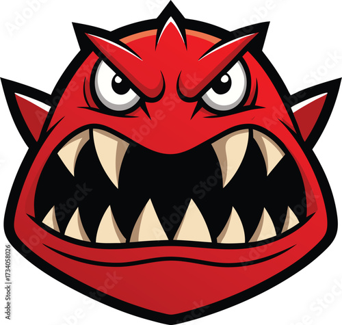 A red devil head featuring sharp fangs and menacing teeth, showcasing a fierce expression.