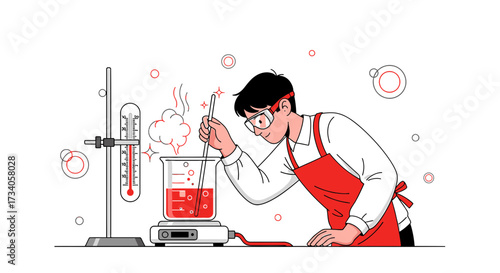 Scientist conducting experiment with beaker and stirring rod in laboratory setting illustration