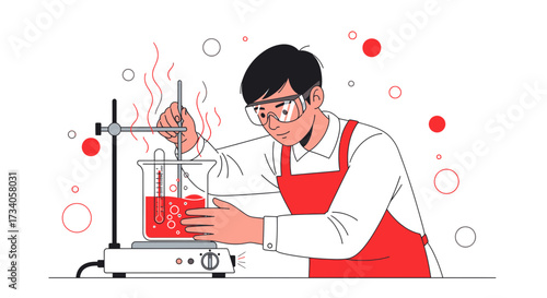 Scientist conducting experiment with red liquid in lab, chemical reaction, safety