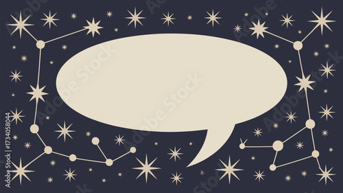 Beige speech bubble surrounded by constellations and stars on a dark blue background illustration