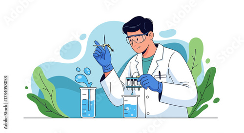 Scientist conducting experiments in a laboratory with beakers and chemicals creating scientific