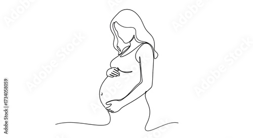 Continuous line drawing of pregnant woman. Single line illustration of expecting mother silhouette. Maternity and motherhood concept in continuous line art