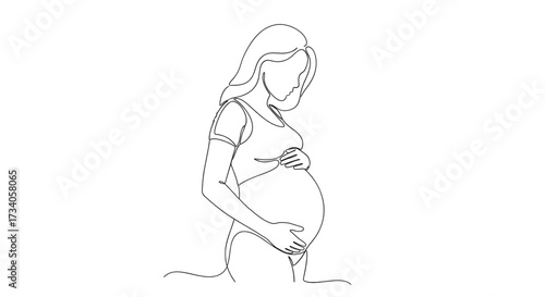 Continuous line drawing of pregnant woman. Single line illustration of expecting mother silhouette. Maternity and motherhood concept in continuous line art