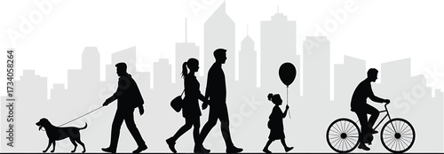 Cityscape with People Silhouettes Vector Illustration
