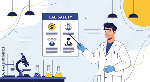 Scientist Explaining Lab Safety Procedures and Precautions with Visual Aids and Equipment