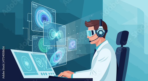 Scientist exploring virtual data analysis in a futuristic laboratory environment with augmented