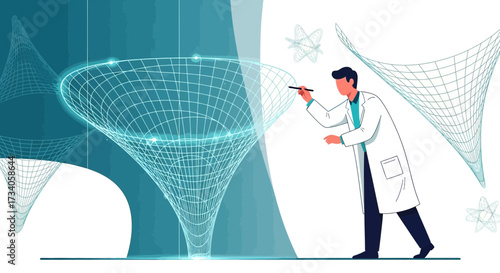 Scientist exploring the universe with abstract 3D wireframe models and data visualization for