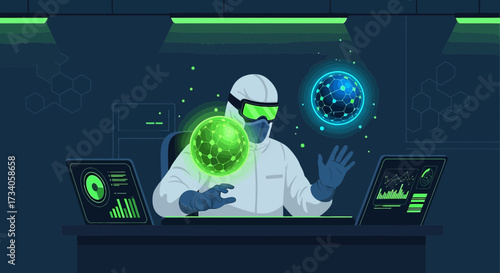 Scientist in hazmat suit manipulating digital spheres in a laboratory environment for research and