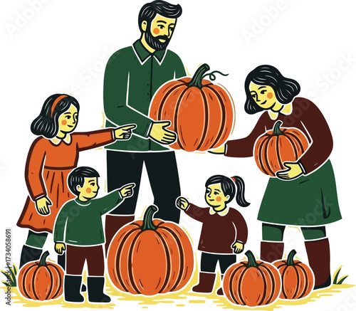 Happy family enjoys autumn fun selecting pumpkins at a picturesque patch