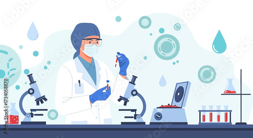 Scientist in lab coat and mask analyzing blood samples in laboratory with microscopes and equipment
